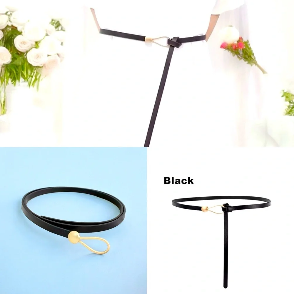 Black Trendy Knotted Skinny Thin Belt For Women Classic Solid Color Faux Leather
